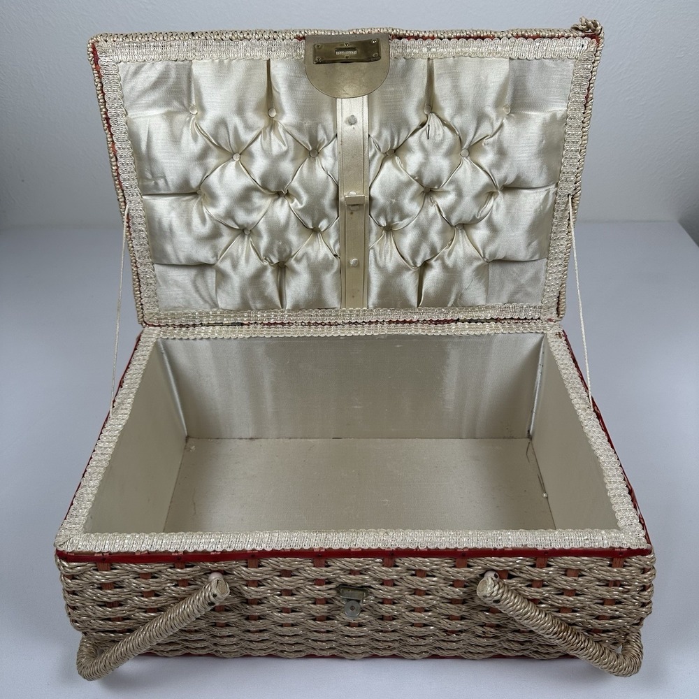 Vtg Japan Woven Wicker Sewing Basket Box Chenille Floral Lid Brass Latch - Picture 8 of 16